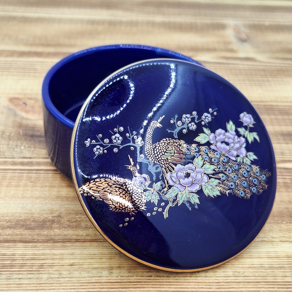 Cobalt Blue And Gold Trimmed Peacock‎ Floral Porcelan Trinket Box Made In Japan